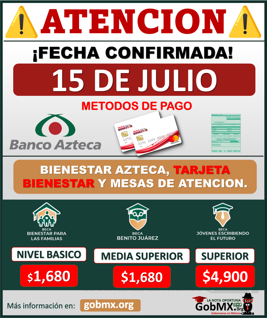 OPERATIVOS DE PAGOS BECAS BENITO JUAREZ Nivel Básico y Media Superior ¡15 de Julio!
